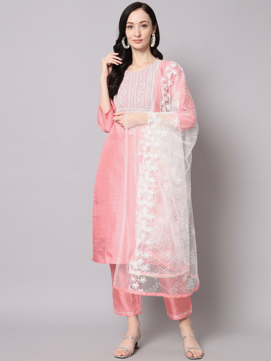 

KALINI Ethnic Motifs Embroidered Sequined Kurta with Trousers & Dupatta, Pink