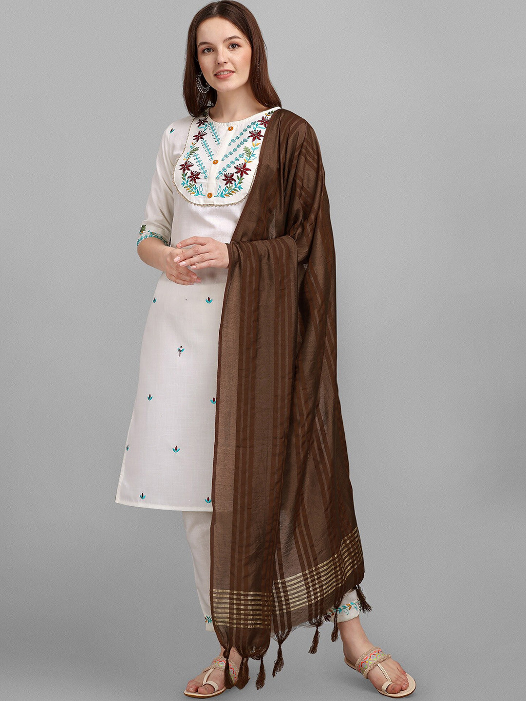 

KALINI Ethnic Motifs Embroidered Kurta With Trousers & Dupatta, White