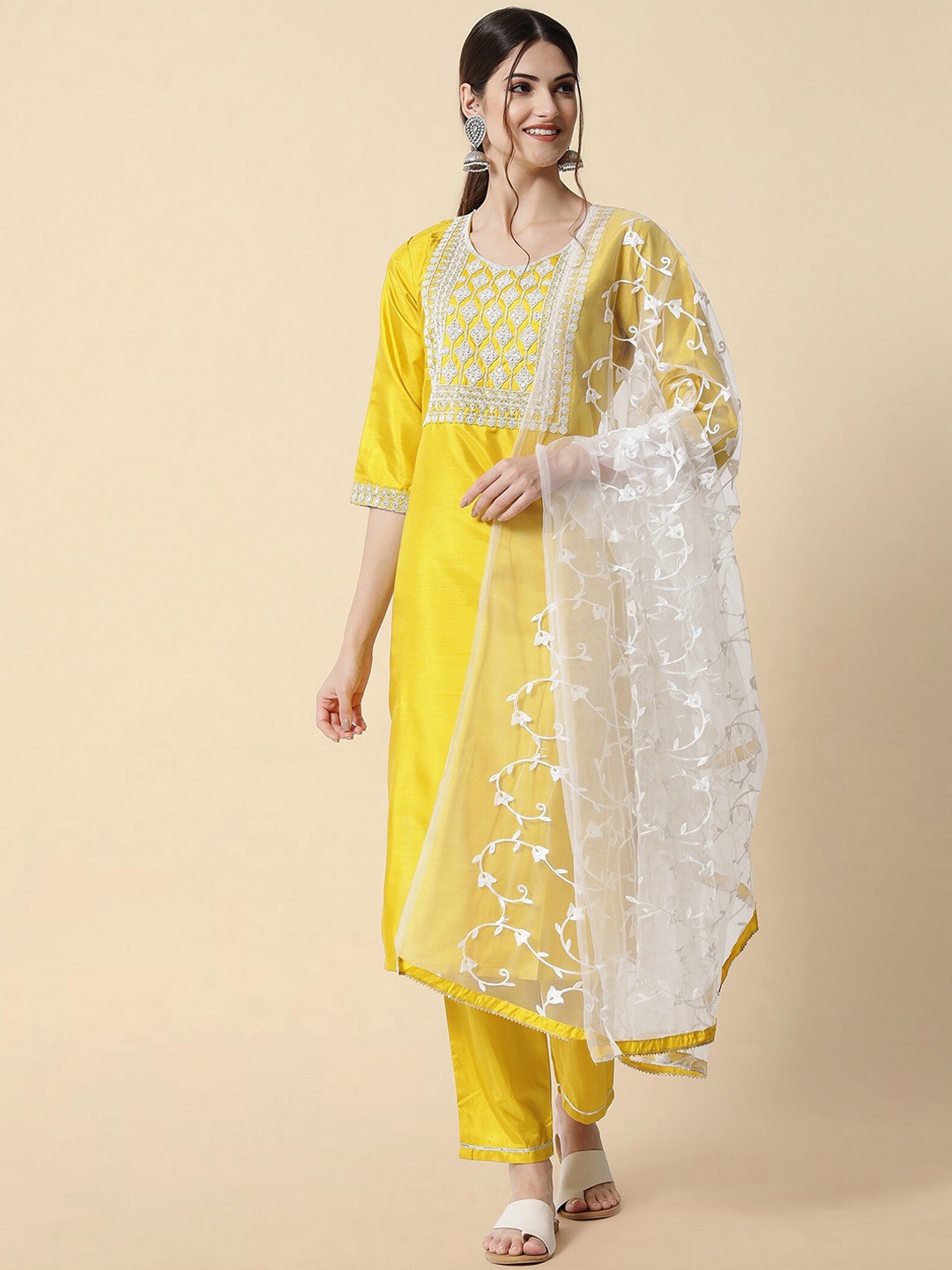 

KALINI Ethnic Motif Yoke Design Zari Kurta With Trousers & Dupatta, Yellow