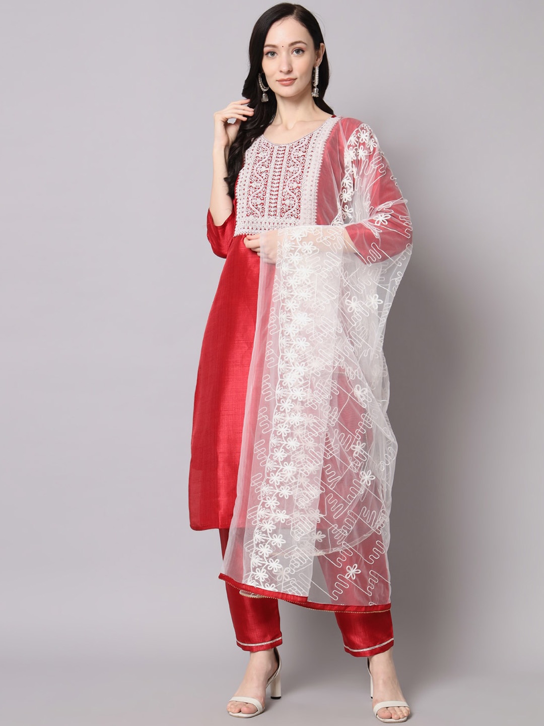 

KALINI Ethnic Motif Yoke Design Zari Kurta With Trousers & Dupatta, Red