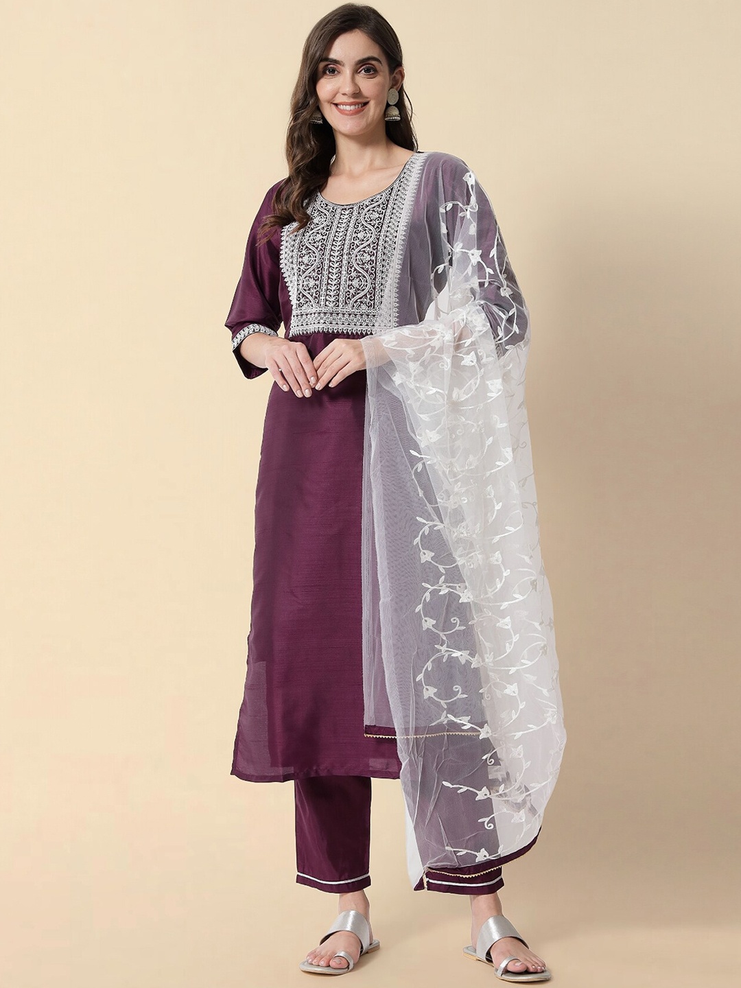 

KALINI Ethnic Motifs Embroidered Sequined Kurta with Trousers & Dupatta, Purple