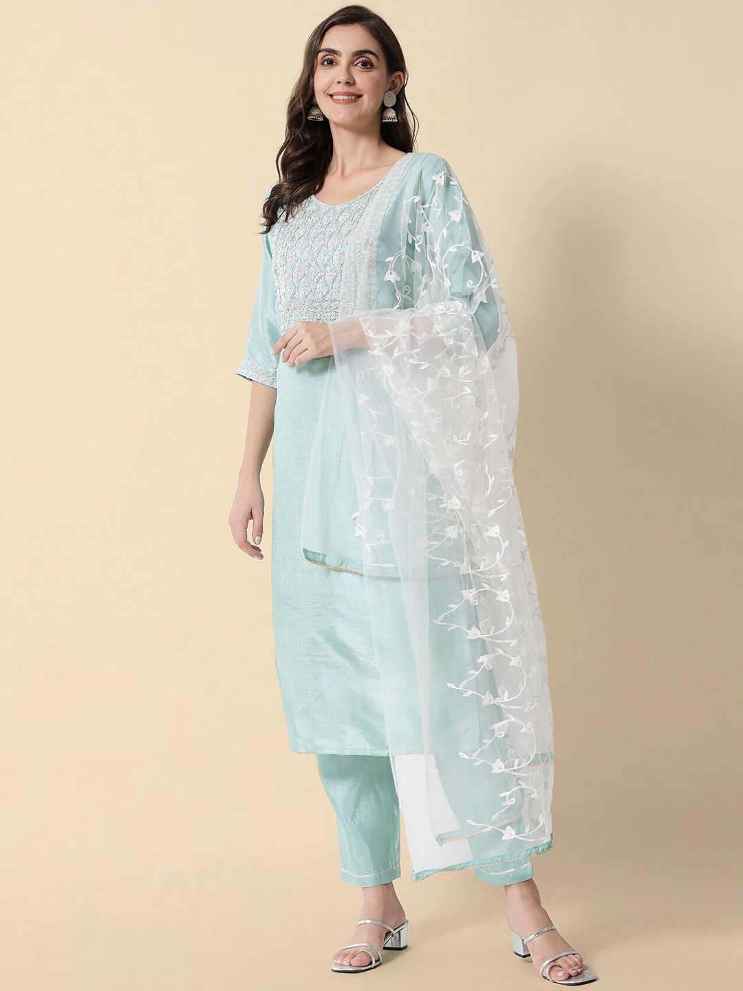 

KALINI Ethnic Motif Yoke Design Zari Kurta With Trousers & Dupatta, Sea green