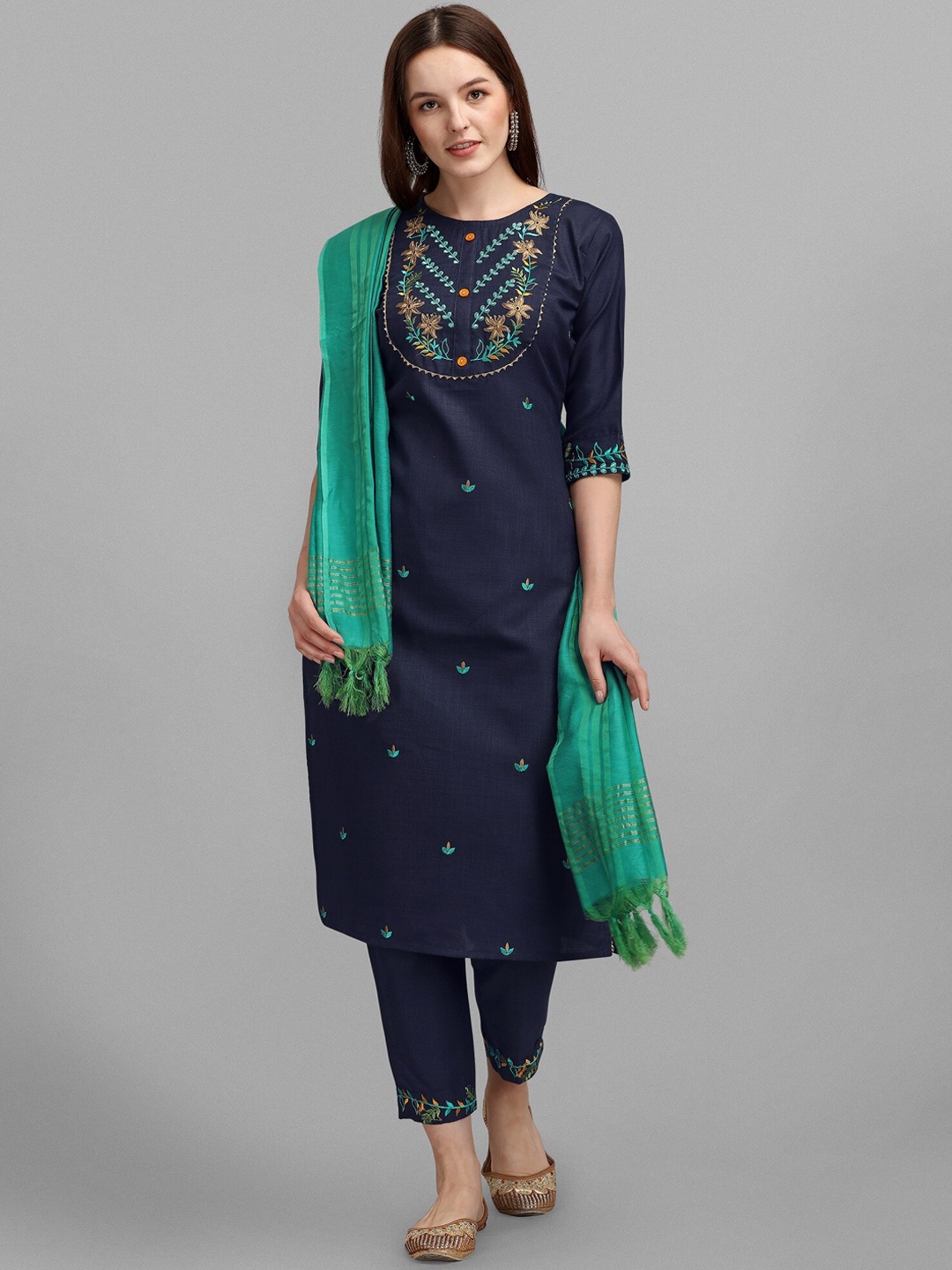 

KALINI Ethnic Motifs Embroidered Regular Kurta With Trousers & Dupatta, Blue