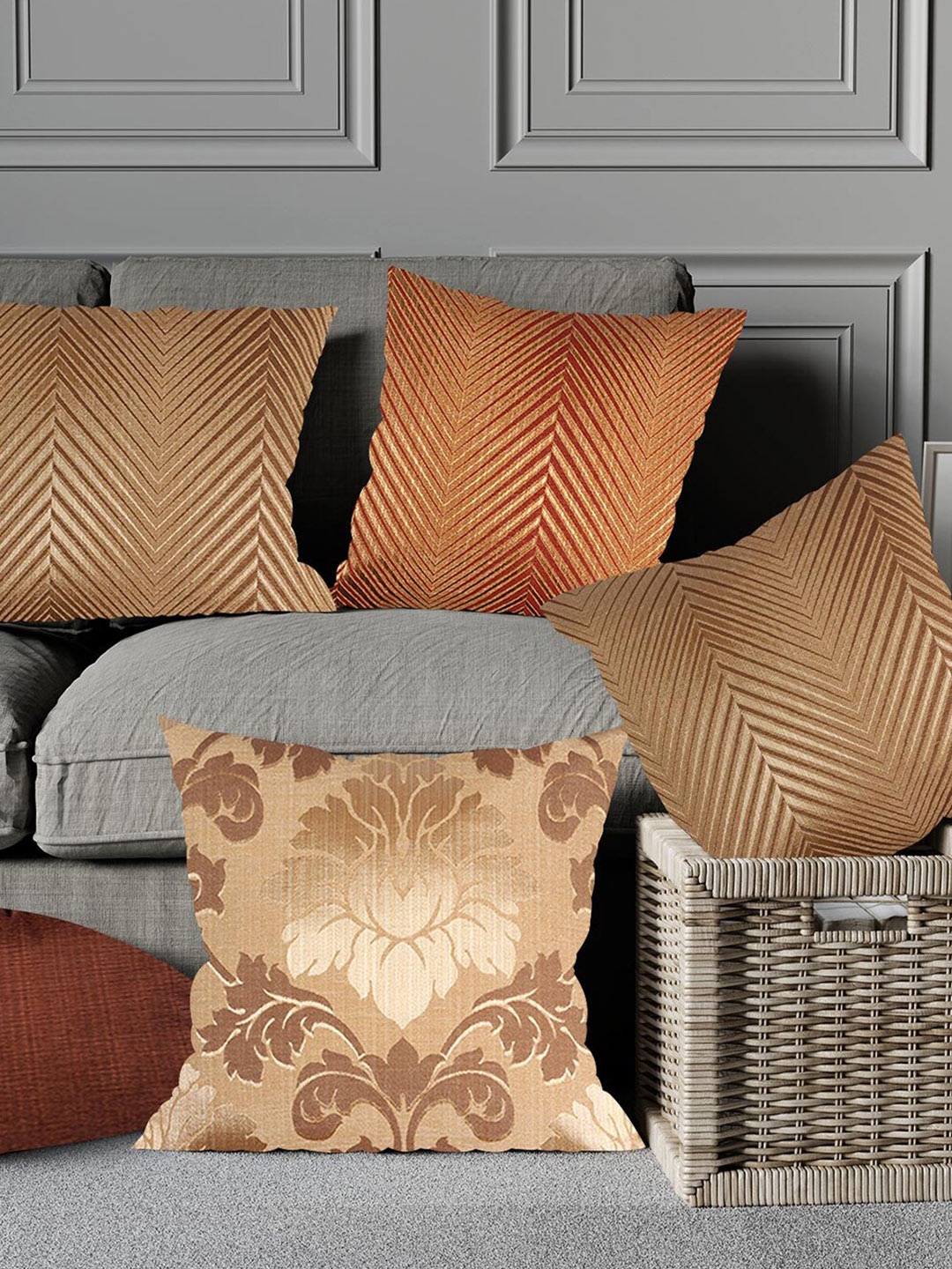 

Just Home Beige & Gold-Toned 5 Pieces Floral Printed Square Cushion Covers