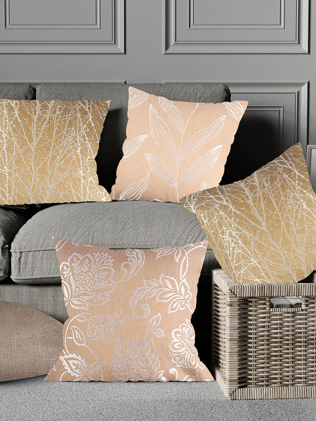 

Just Home Beige & Gold-Toned 5 Pieces Floral Printed Square Cushion Covers
