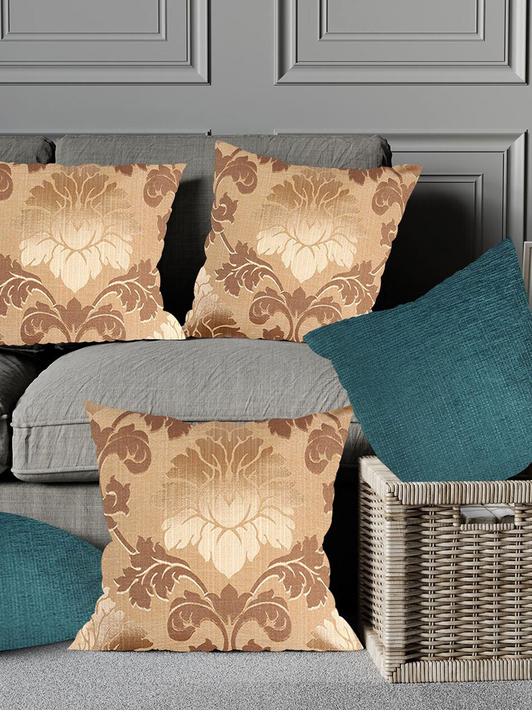 

Just Home Beige & Blue 5 Pieces Floral Printed Square Cushion Covers