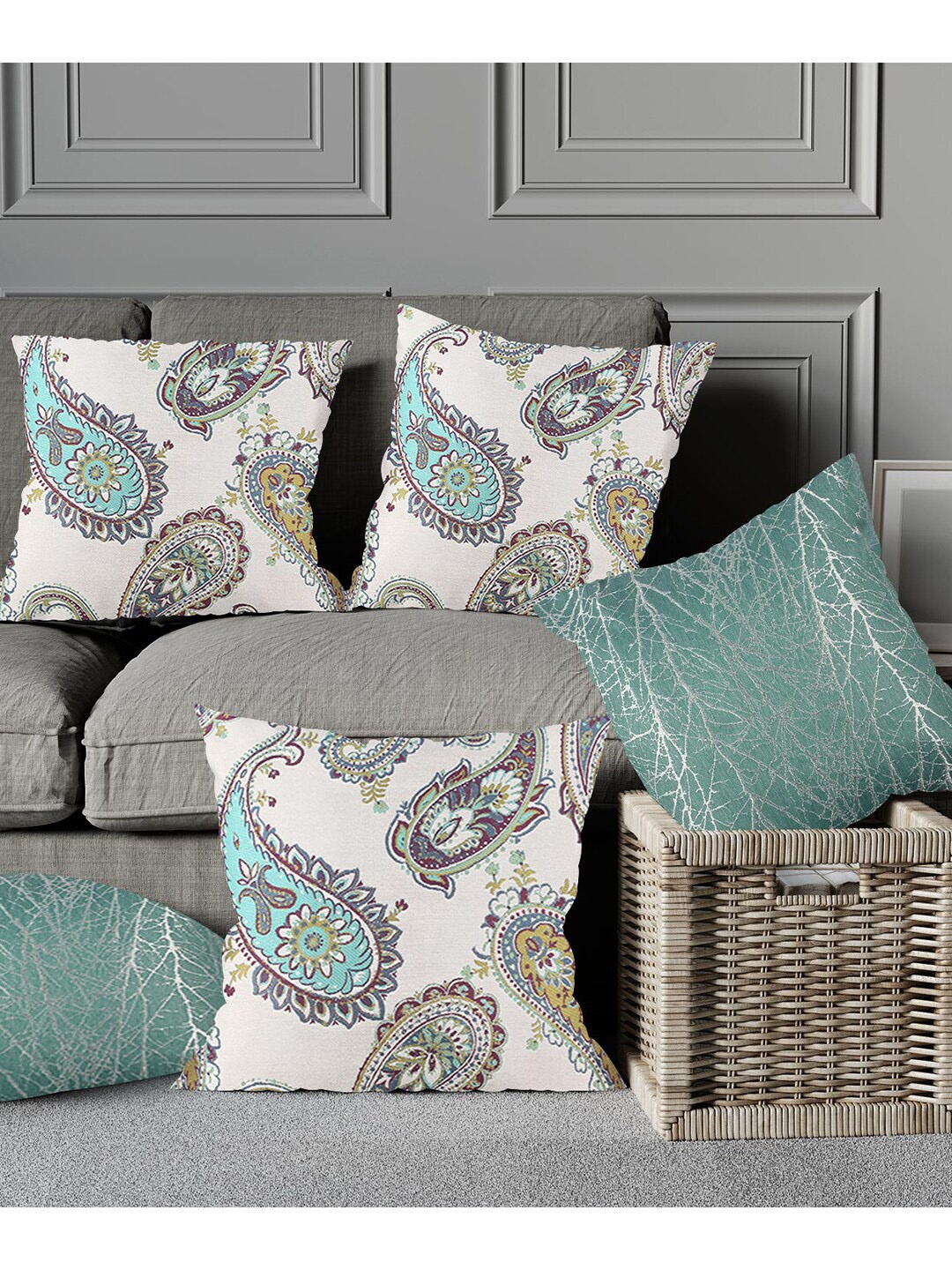 

Just Home Blue & White 5 Pieces Ethnic Motifs Printed Square Cushion Covers