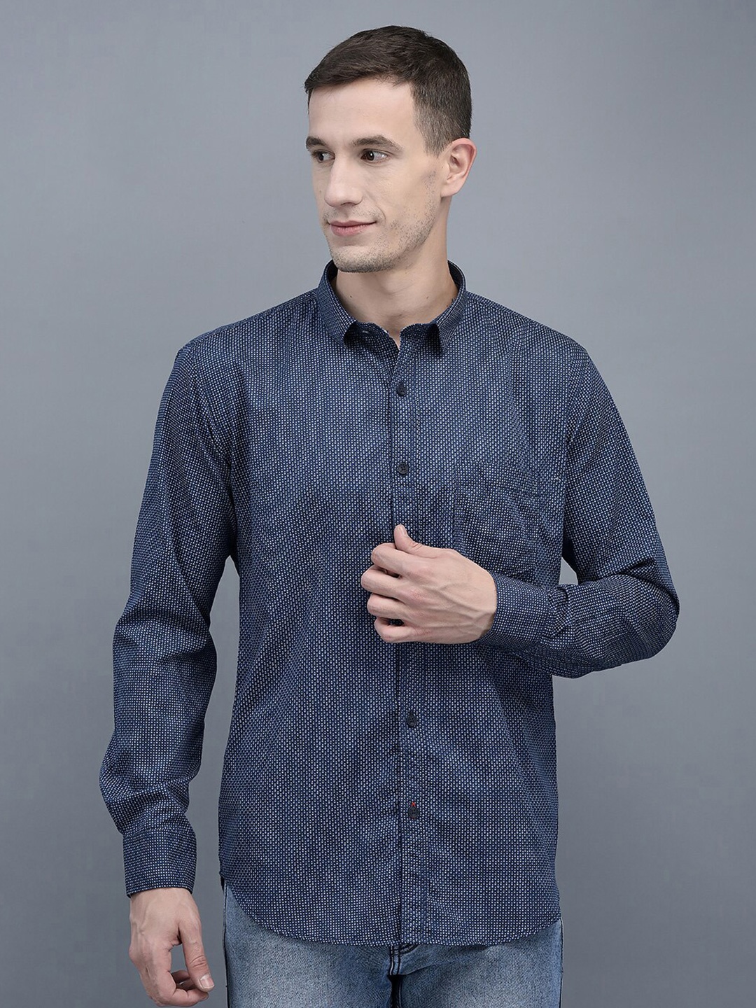 

COBB Slim Fit Micro Ditsy Printed Cotton Casual Shirt, Navy blue