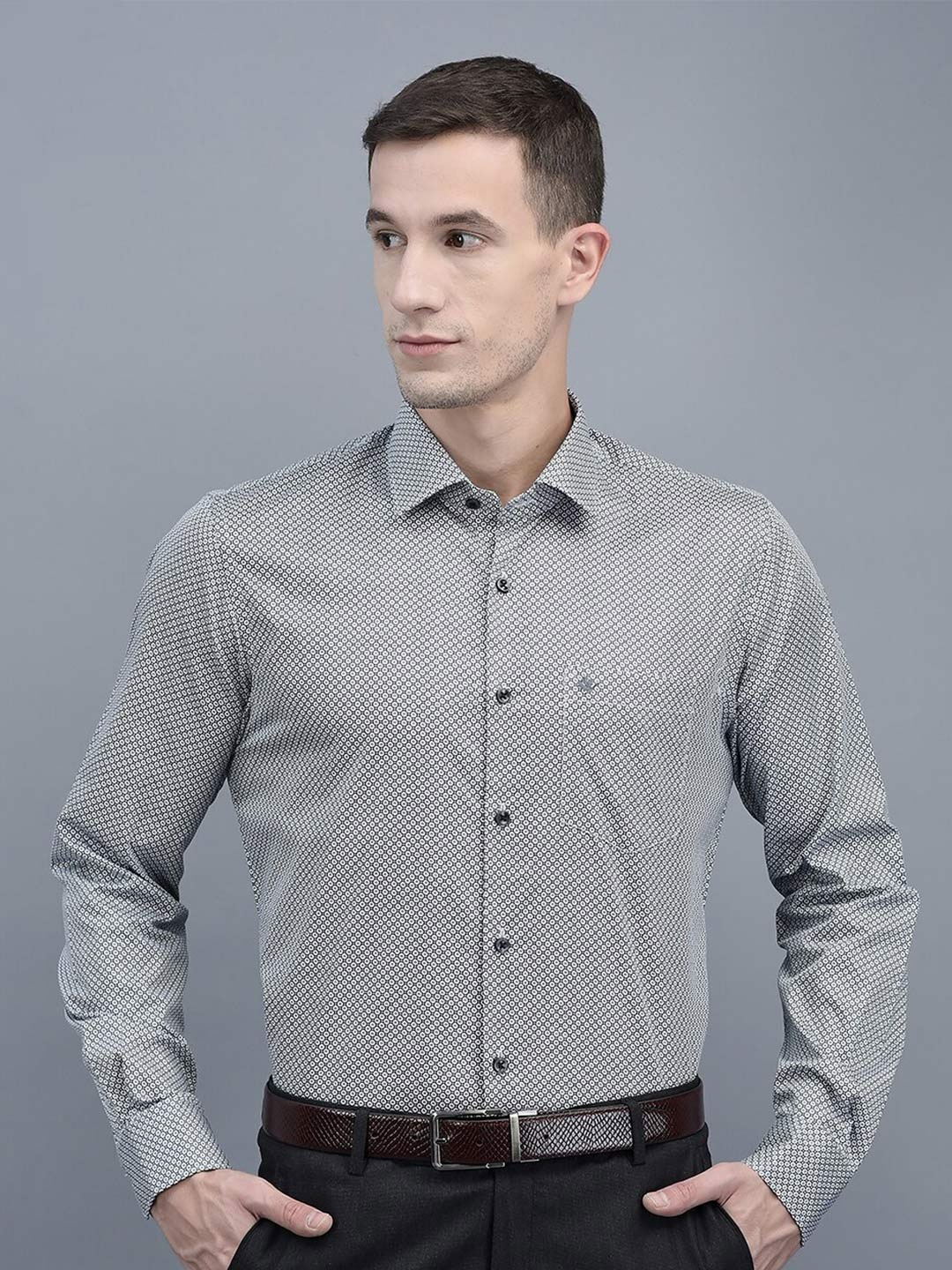 

COBB Slim Fit Geometric Printed Cotton Formal Shirt, Grey
