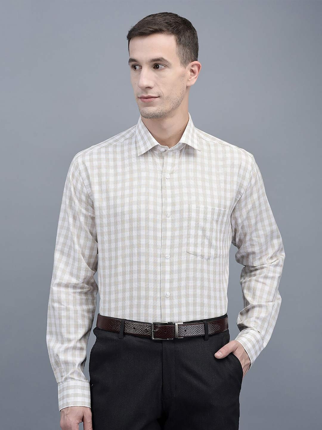 

COBB Gingham Checked Cotton Formal Shirt, Beige