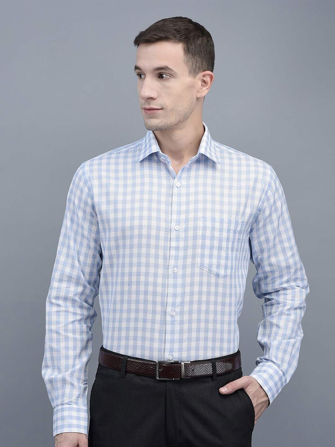 

COBB Gingham Checked Cotton Formal Shirt, Blue