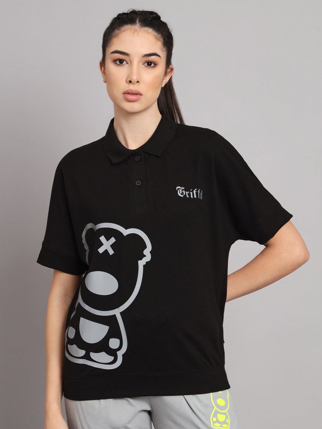 

GRIFFEL Graphic Printed Polo Collar Cotton T-shirt, Black