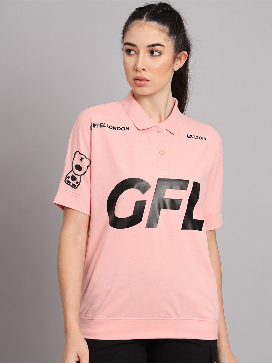 

GRIFFEL Typography Printed Polo Collar Cotton T-shirt, Peach