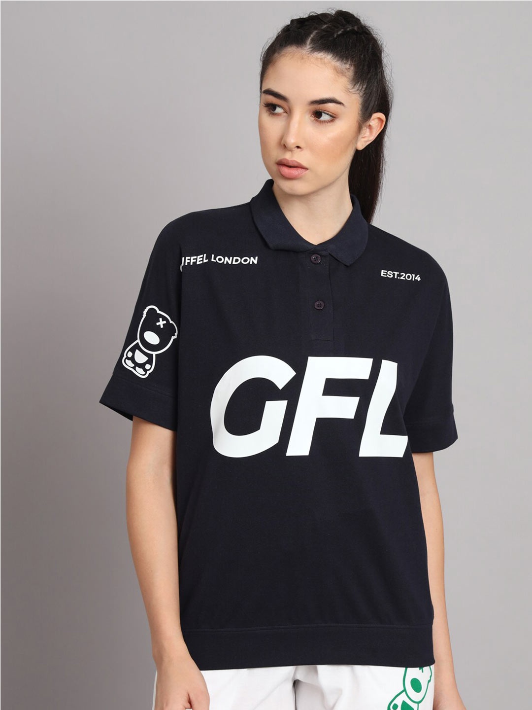 

GRIFFEL Typography Printed Polo Collar Cotton T-shirt, Navy blue