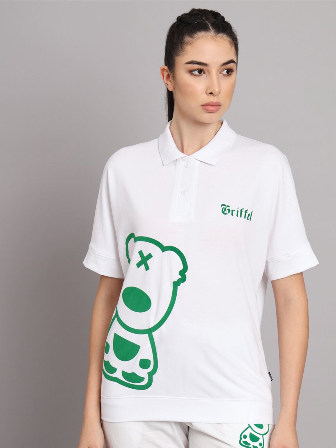 GRIFFEL Graphic Printed Polo Collar Cotton T-shirt, White