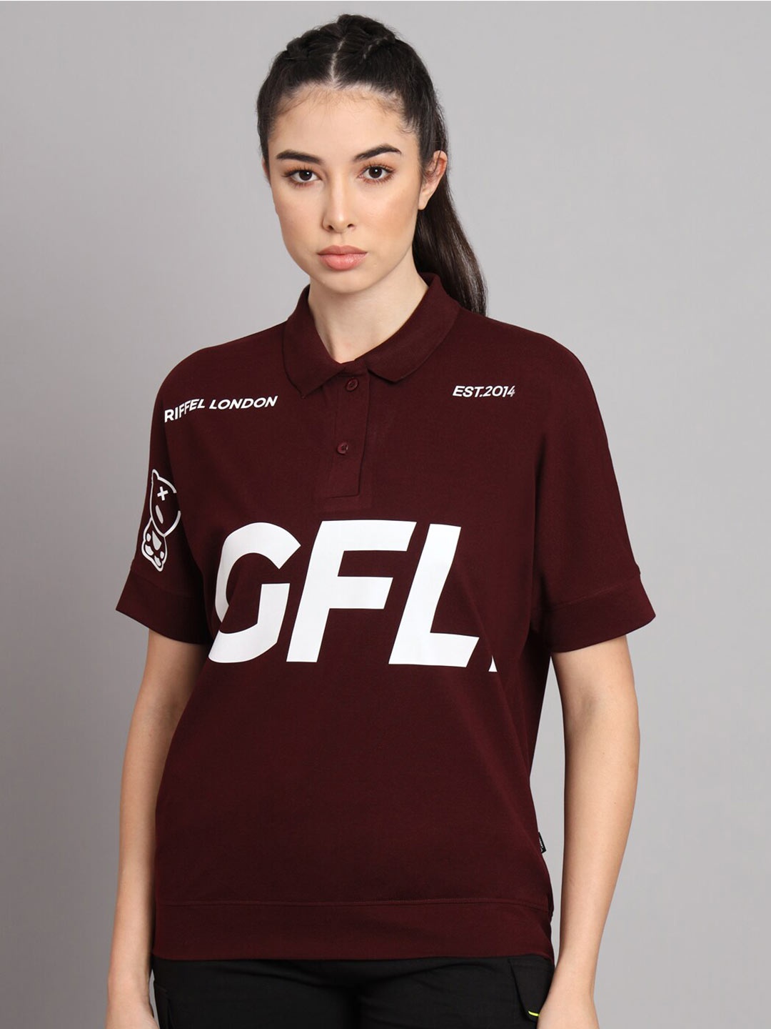 

GRIFFEL Typography Printed Polo Collar Cotton T-shirt, Maroon