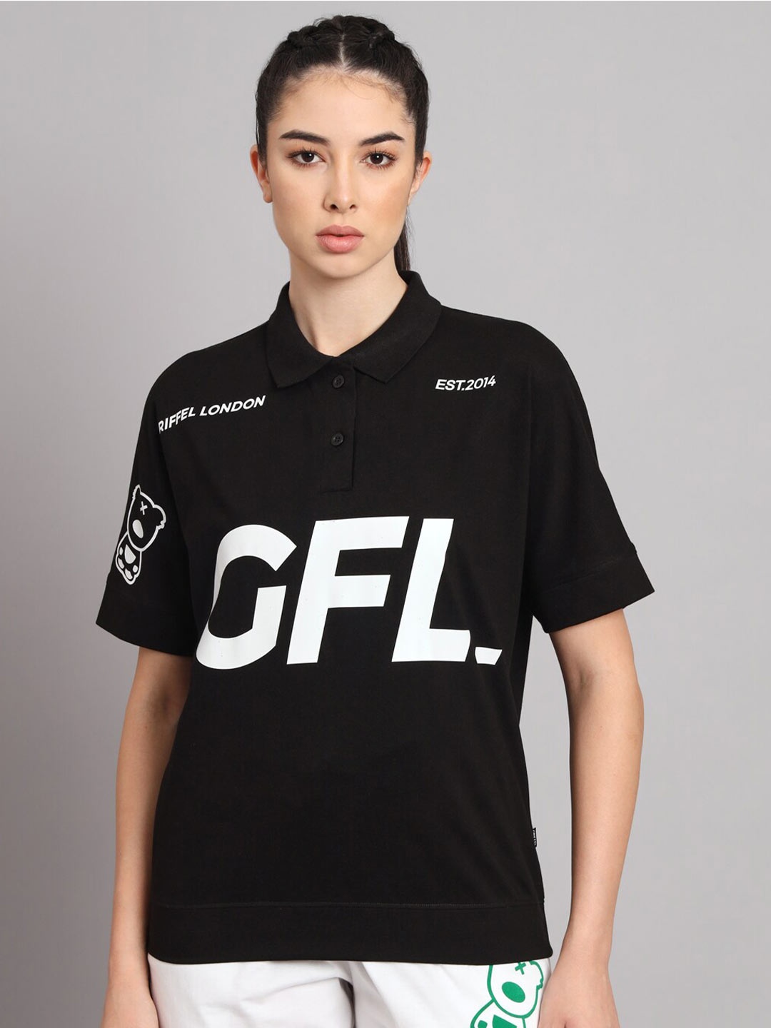 GRIFFEL Typography Printed Polo Collar Cotton T-shirt, Black