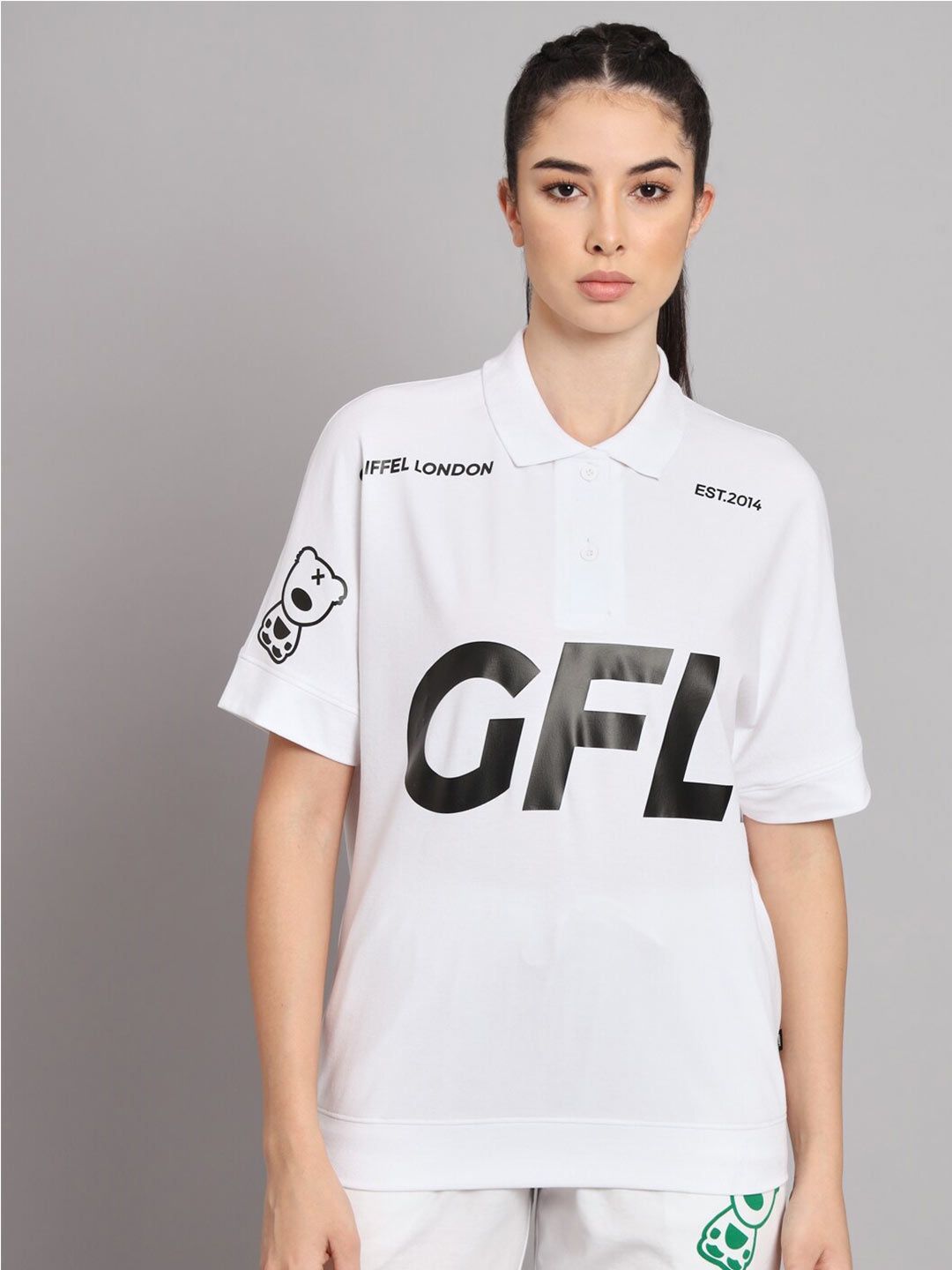 GRIFFEL Typography Printed Polo Collar Cotton T-shirt, White