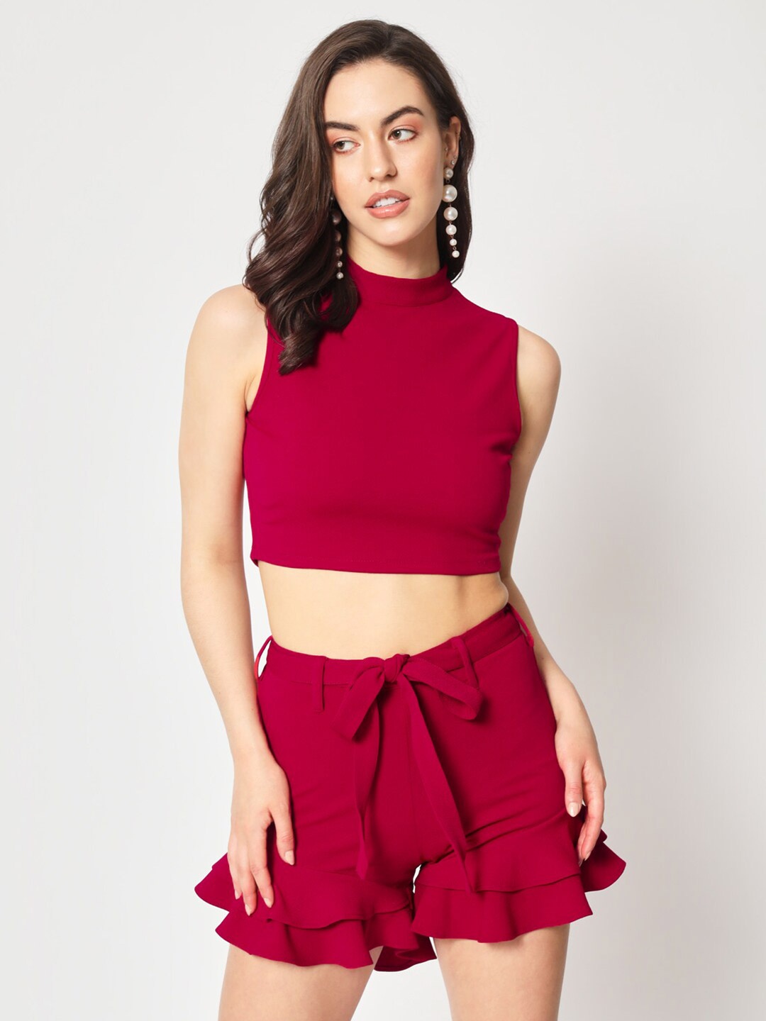 

Zastraa Pink High Neck Sleeveless Crop Top