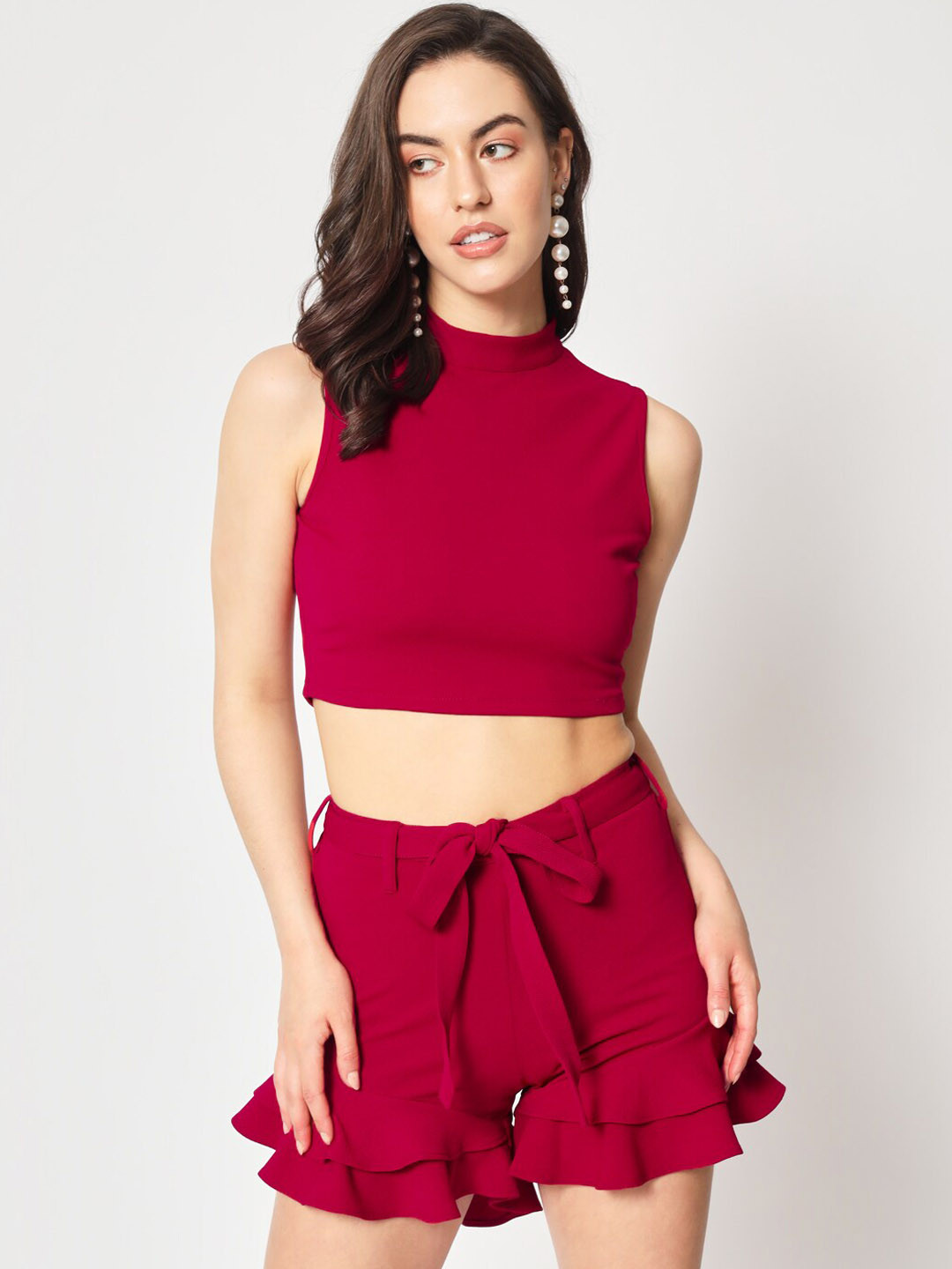 

Zastraa Women Red Slim Fit High-Rise Ruffles Shorts