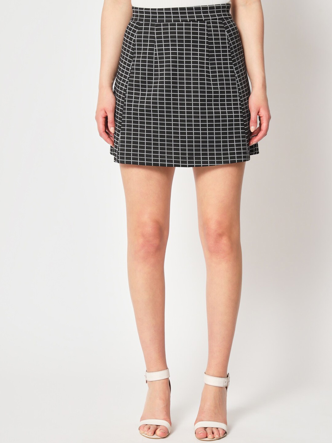 

Zastraa Black & White Checked A-Line Mini Skirt