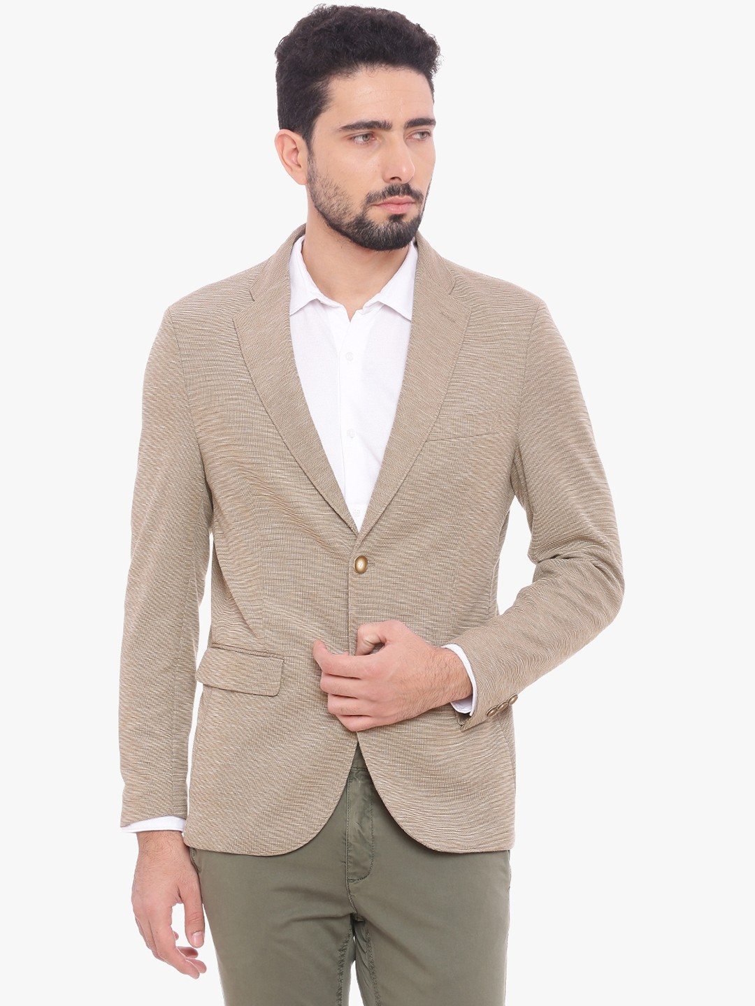

Basics Brown Self-Design Slim Fit Single-Breasted Blazer