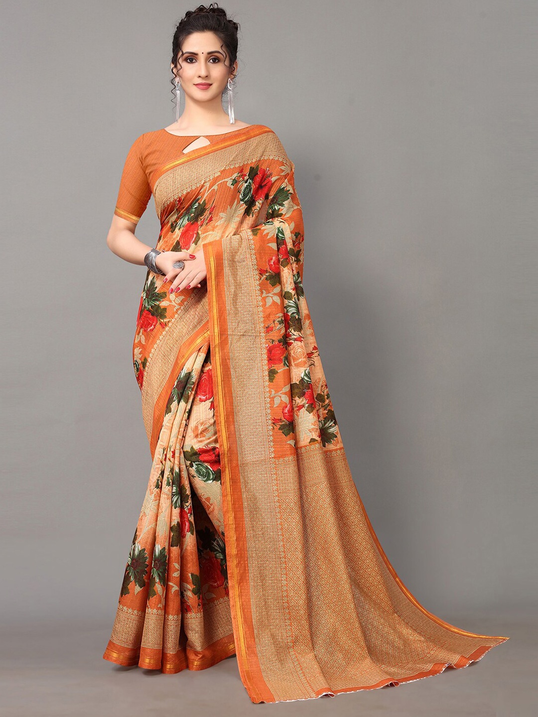 

Shaily Floral Printed Zari Saree, Peach