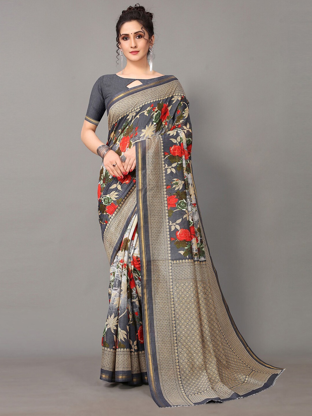 

Shaily Grey & Red Floral Printed Zari Saree