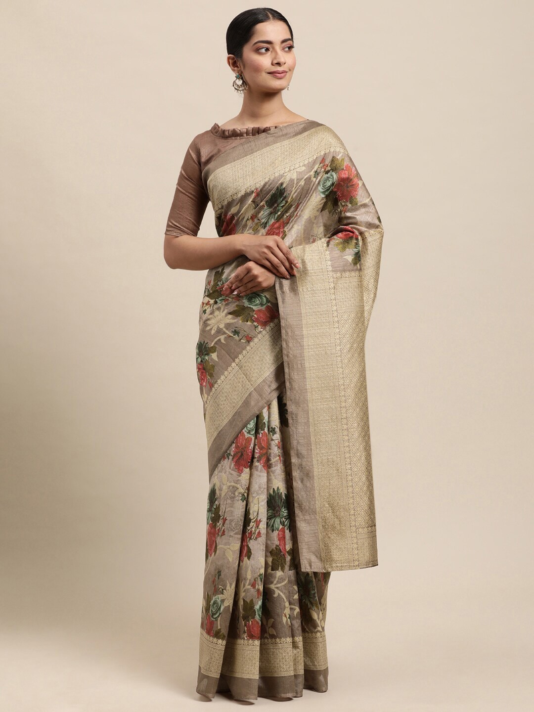 

Shaily Floral Zari Silk Blend Saree With Blouse Piece, Taupe