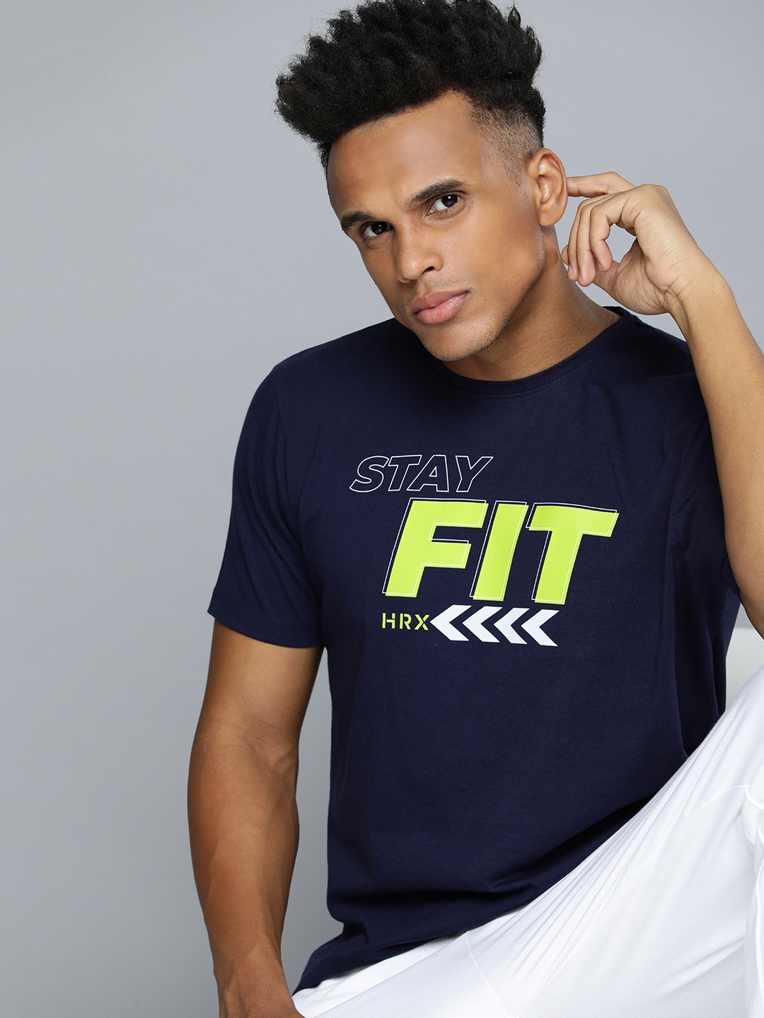

HRX by Hrithik Roshan Men Typography Printed Pure Cotton T-shirt, Navy blue