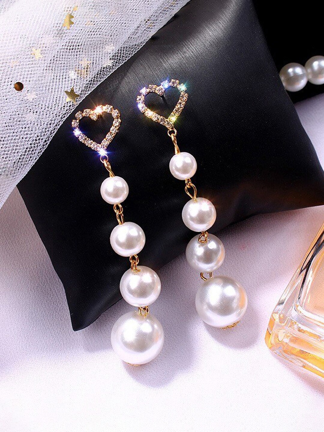 

Jewels Galaxy Gold-Plated Stone-Studded And Beaded Heart Shaped Drop Earrings