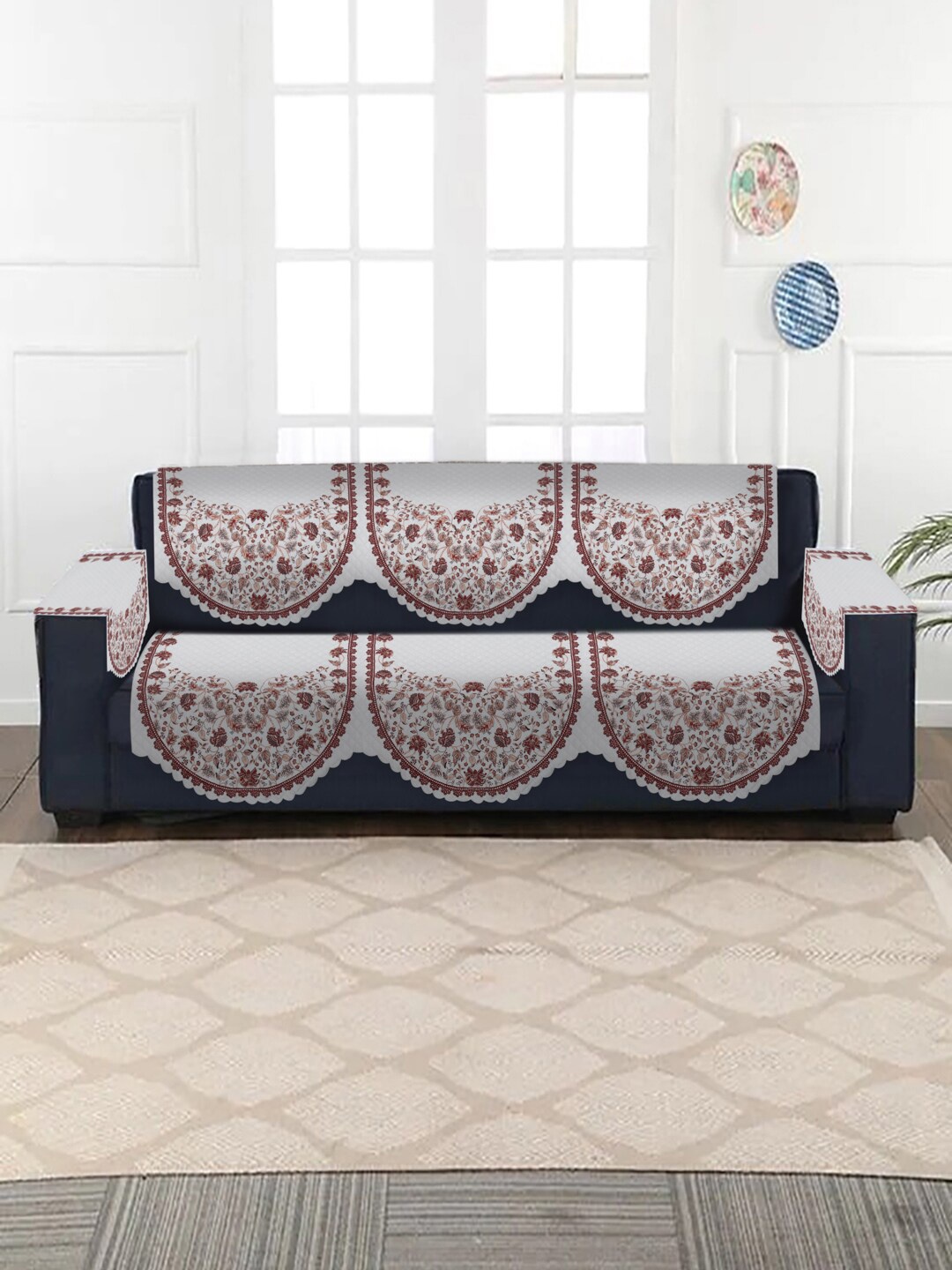 

SOKNACK White & Brown Ethnic Motif Printed 5-Seater Sofa Covers With Arm Rest Cover