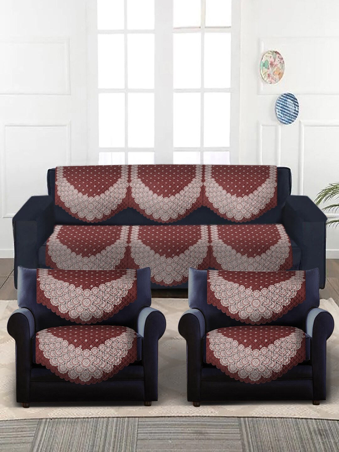 

SOKNACK Brown & Beige Floral Printed 5-Seater Velvet Sofa Covers