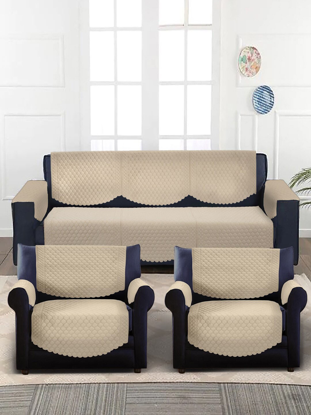 

SOKNACK Beige Quilted 5-Seater Velvet Sofa Covers With Arm Rest Cover