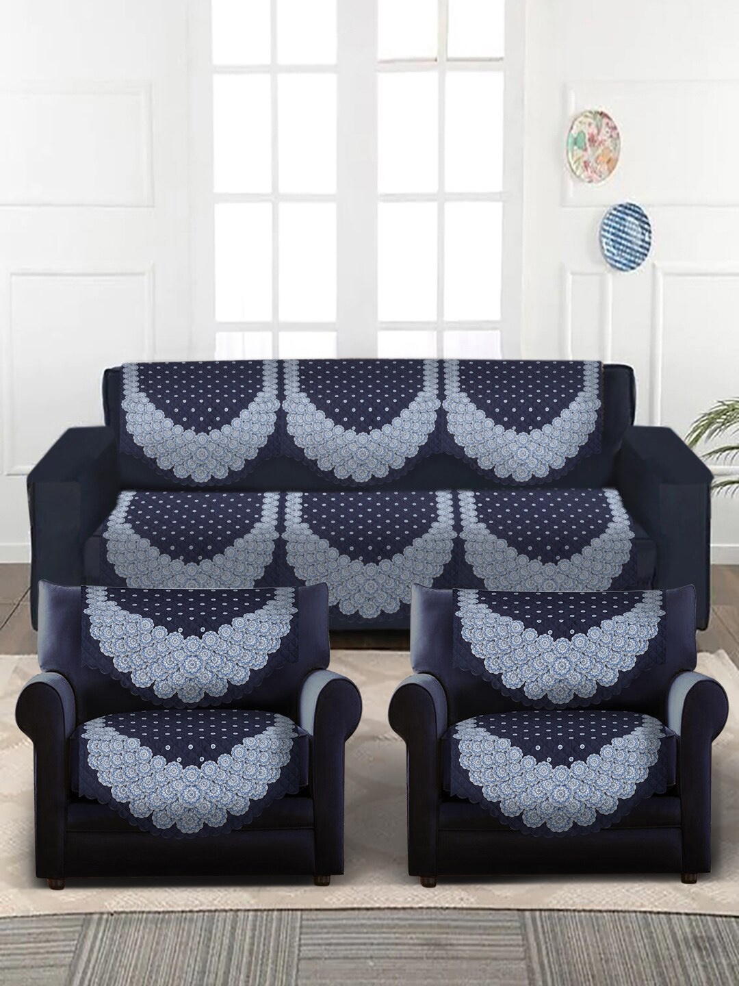 

SOKNACK Navy-Blue & White Printed 5-Seater Velvet Sofa Covers With Arm Rest Covers