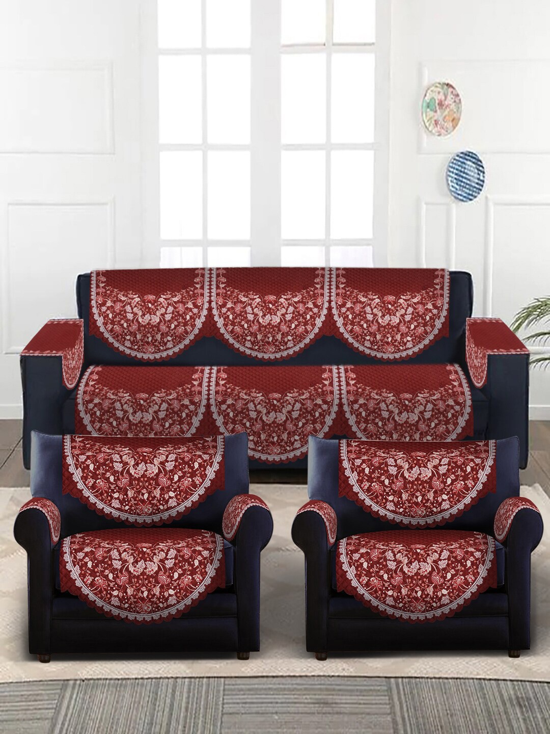 

SOKNACK Red & White Ethnic Motif Printed 5-Seater Velvet Sofa Covers With Arm Rest
