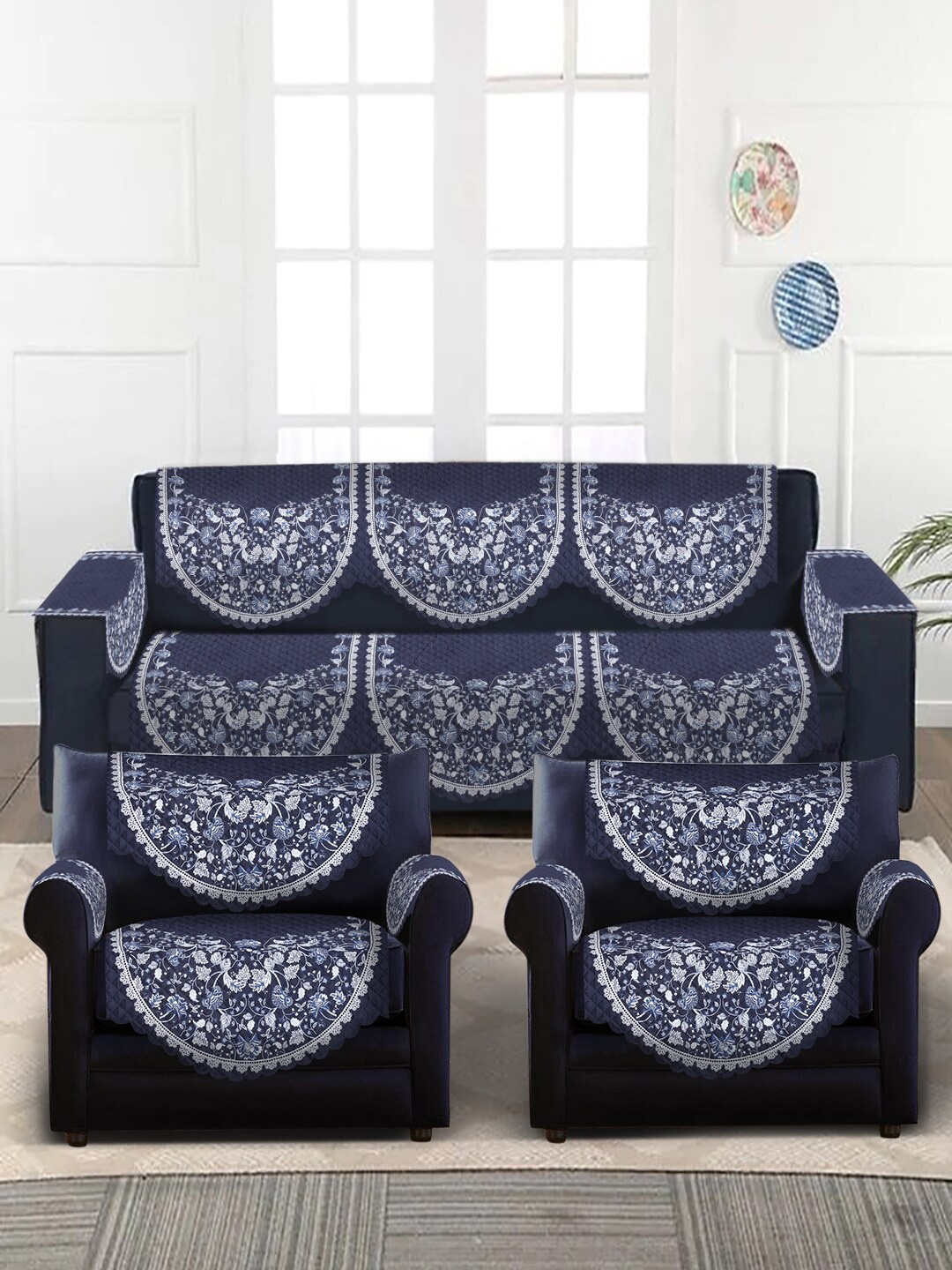 

SOKNACK Navy-Blue & White Printed 5-Seater Velvet Sofa Covers With Arm Rest Covers