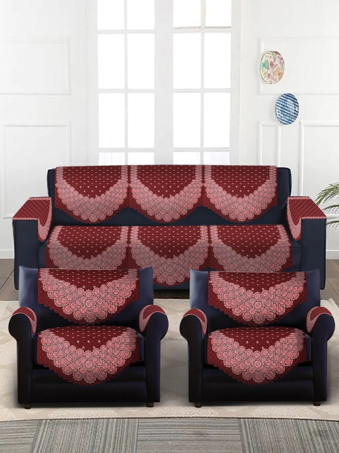 

SOKNACK Red & White Printed 5-Seater Velvet Sofa Covers With Arm Rest Covers