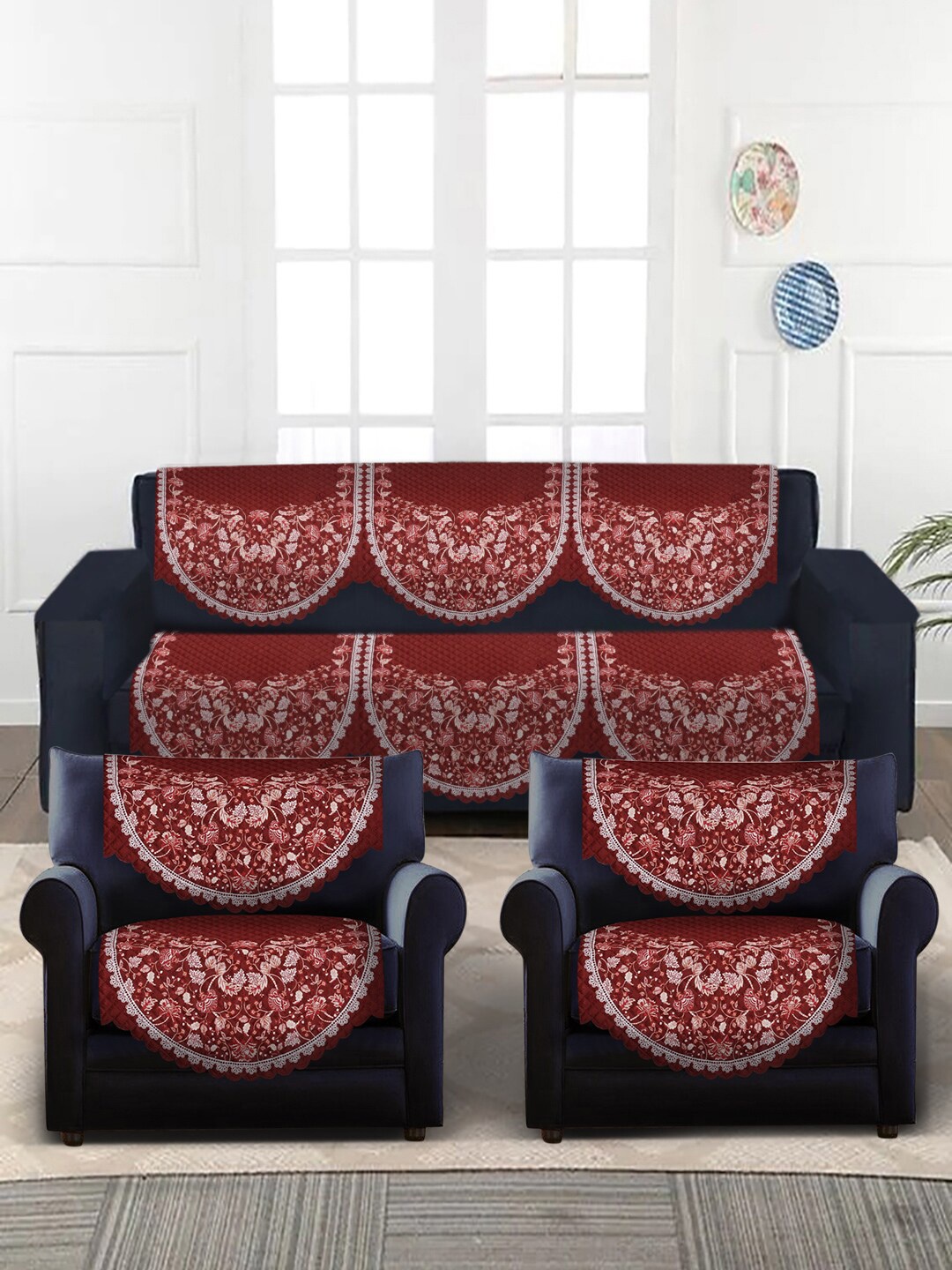 

SOKNACK Red & White Ethnic Motif Printed 5-Seater Velvet Sofa Covers