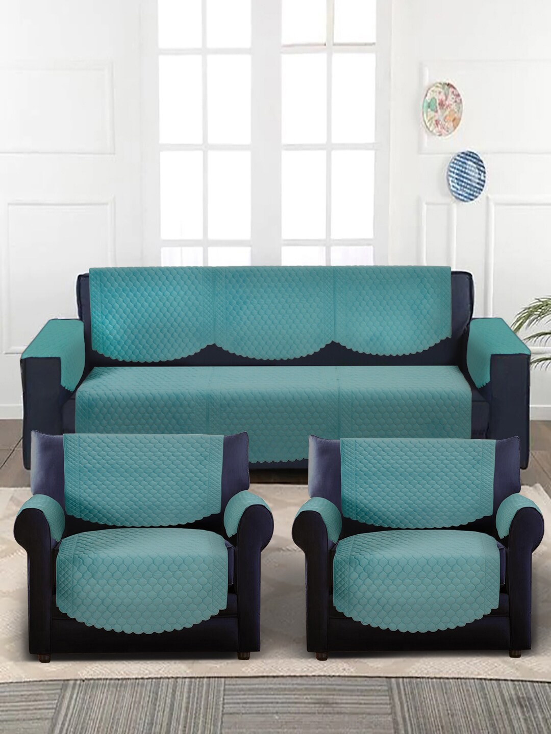 

SOKNACK Turquoise Blue Quilted 5-Seater Velvet Sofa Covers With Arm Rest Cover