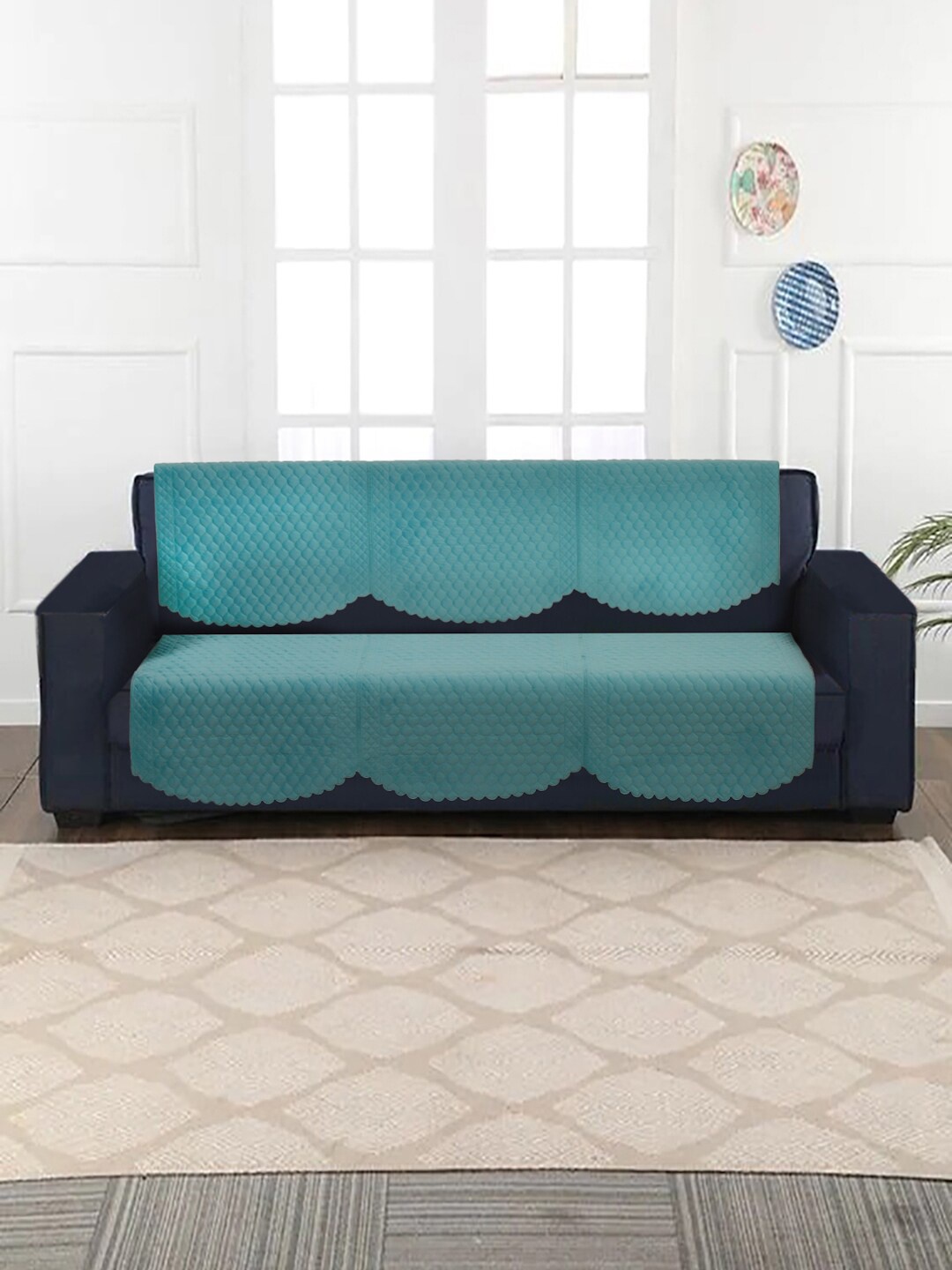 

SOKNACK 10-Pcs Turquoise Blue Quilted 5-Seater Velvet Sofa Covers