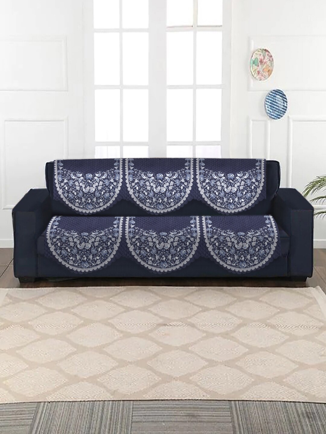 

SOKNACK 6-Pcs Navy-Blue & White Ethnic Motif Printed 5-Seater Velvet Sofa Covers