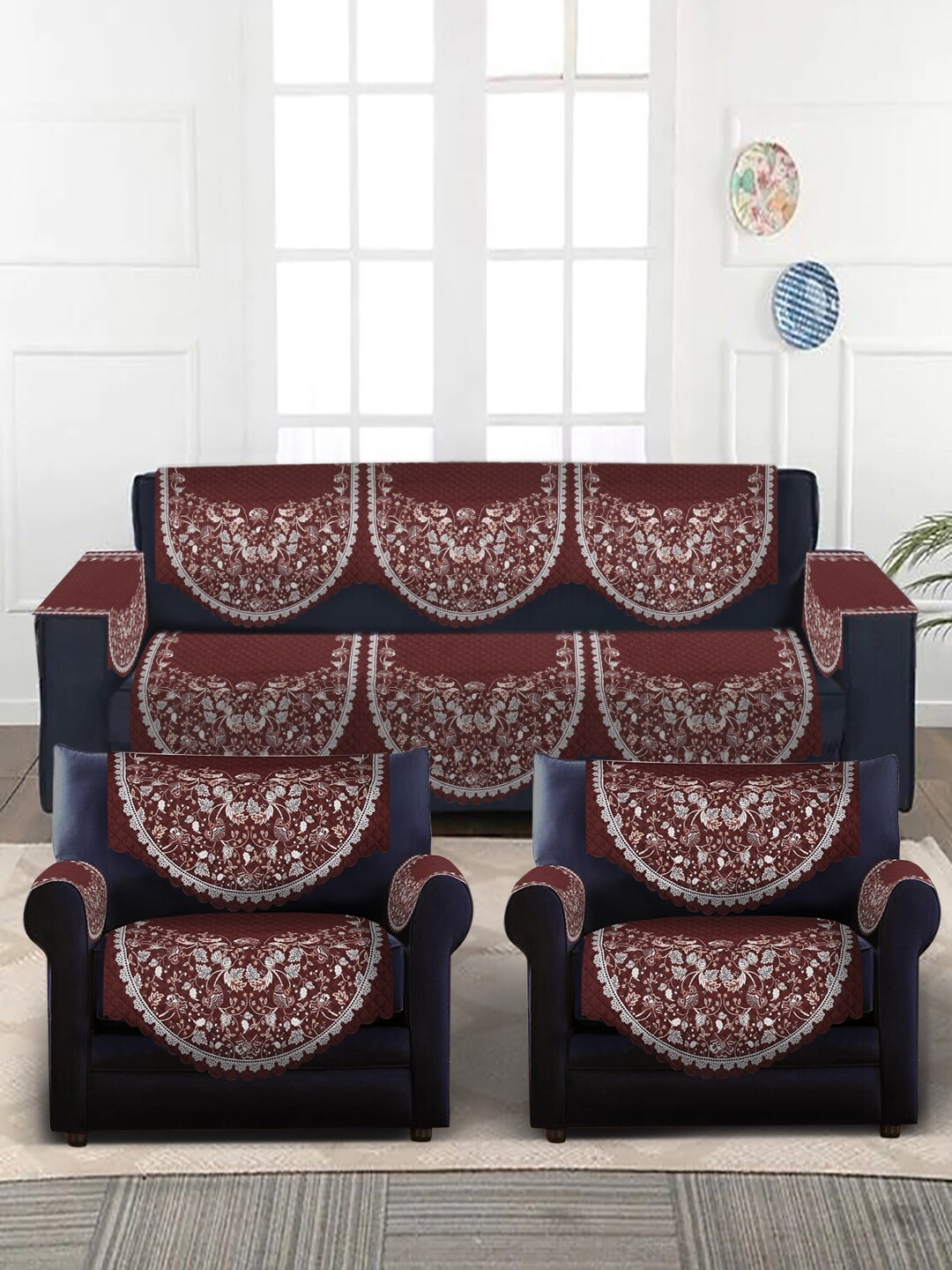 

SOKNACK 10-Pc Maroon & White Ethnic Motif Printed 5-Seater Velvet Sofa Covers With Arm Res