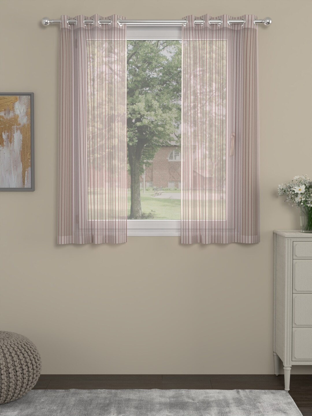 

ROSARA HOME Nude Coloured & Pink 2 Pieces Striped Sheer Window Curtains