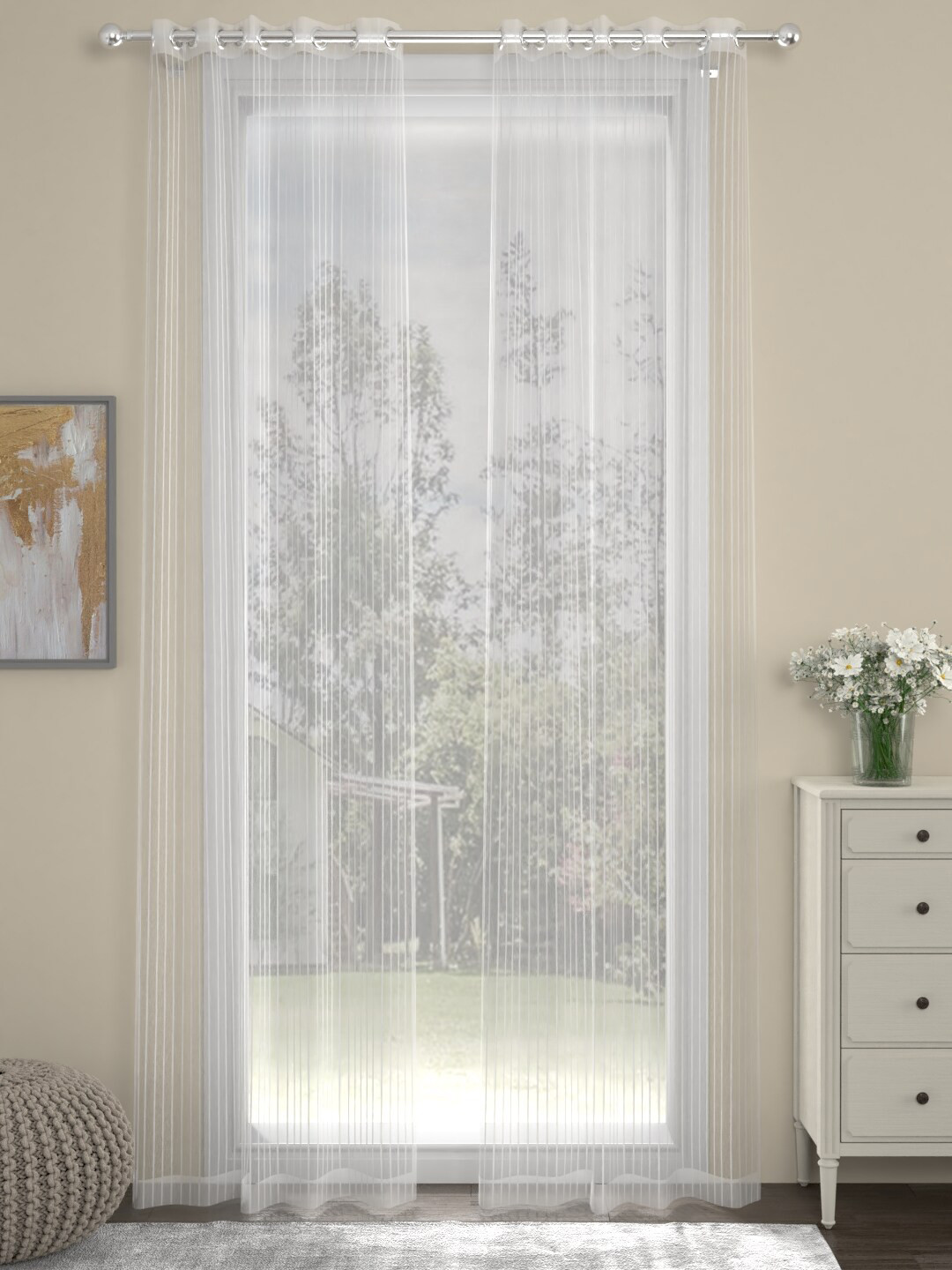 

ROSARA HOME Chloe White 2 Pieces Striped Sheer Door Curtains