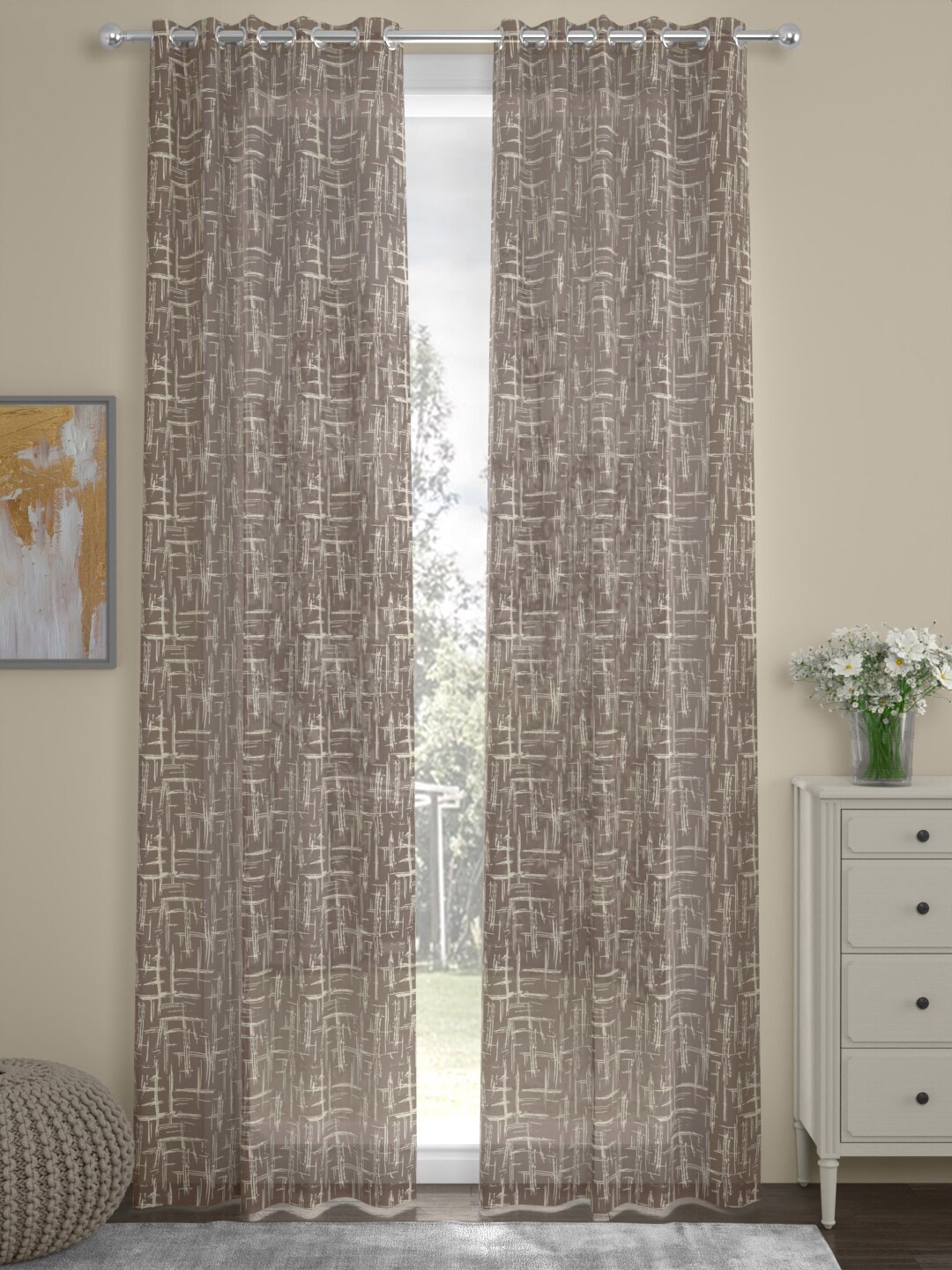 

ROSARA HOME Kevin Beige 2 Pieces Abstract Printed Sheer Door Curtains