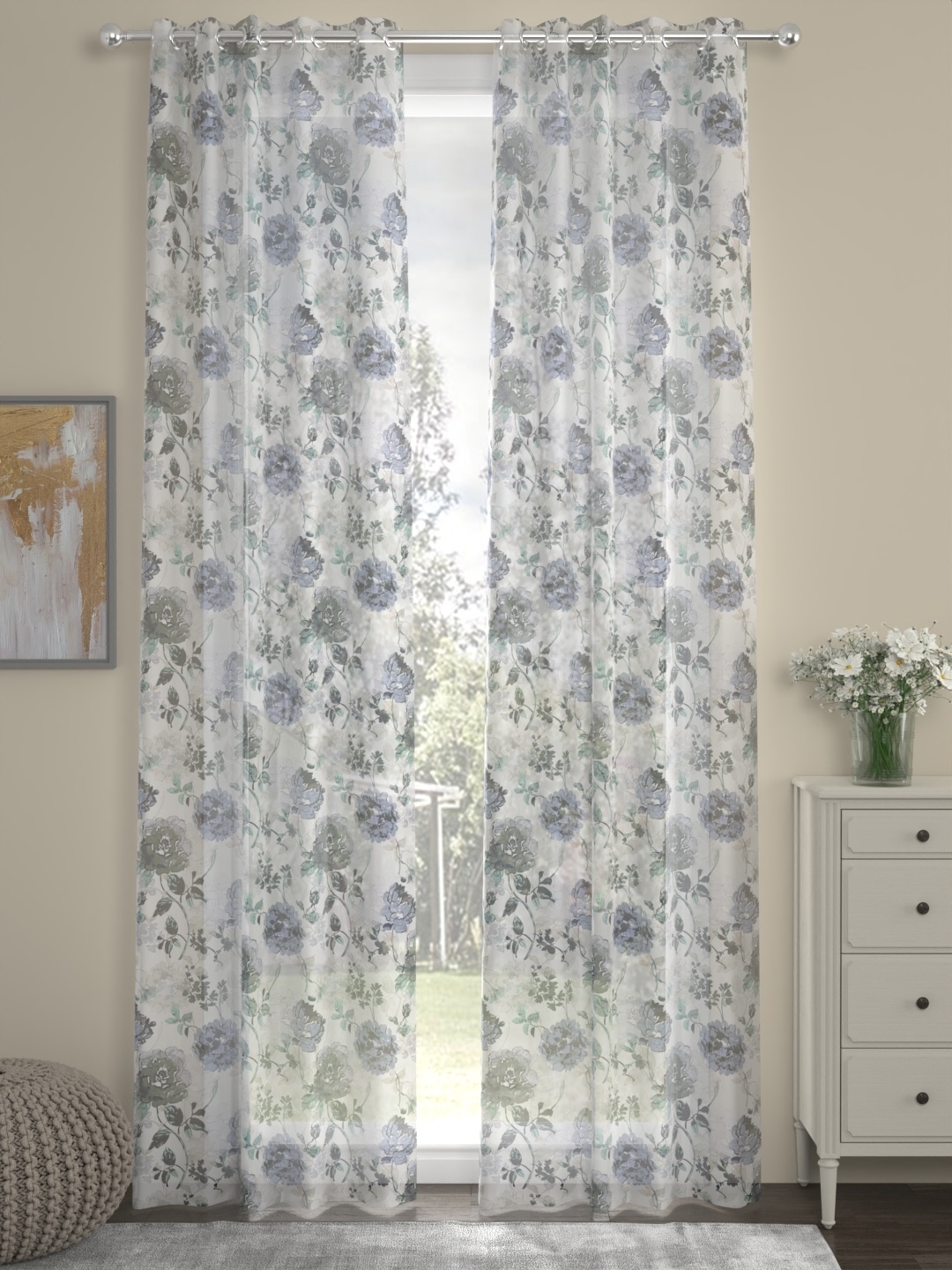 

ROSARA HOME Luisa White & Blue 2 Pieces Floral Printed Sheer Door Curtains