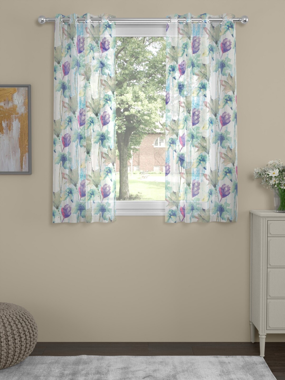 

ROSARA HOME Flavia Blue & Purple 2 Pieces Floral Sheer Window Curtains