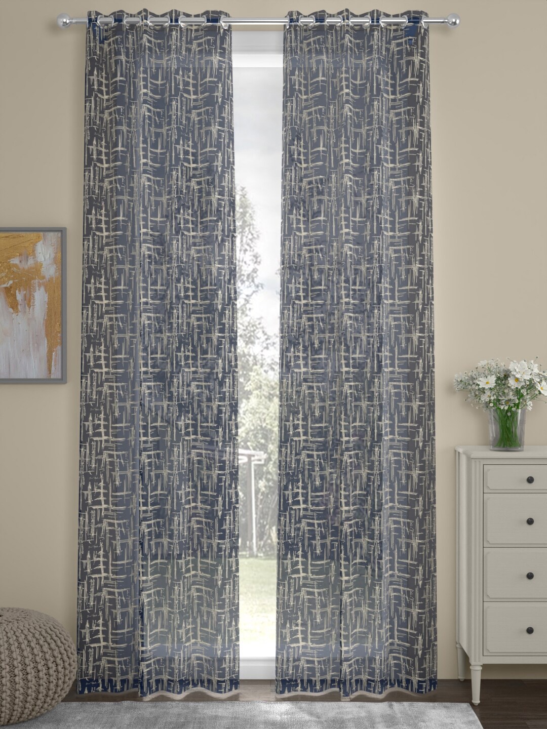 

ROSARA HOME Kevin Navy Blue 2 Pieces Abstract Printed Sheer Door Curtains