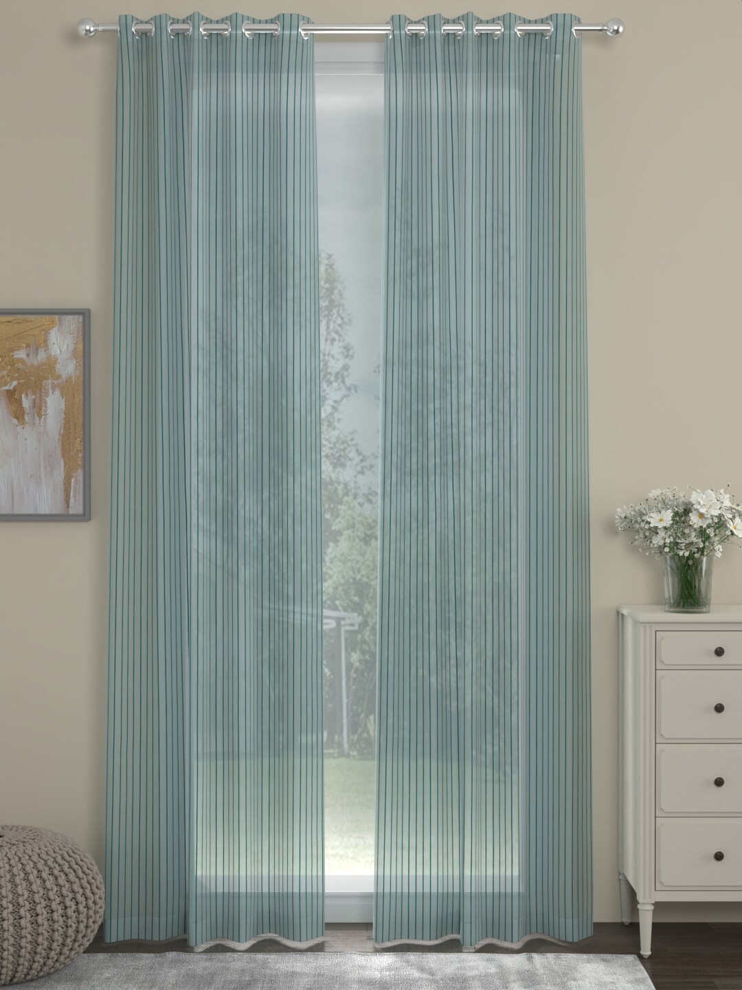 

ROSARA HOME Chloe Turquoise Blue 2 Pieces Striped Sheer Door Curtains